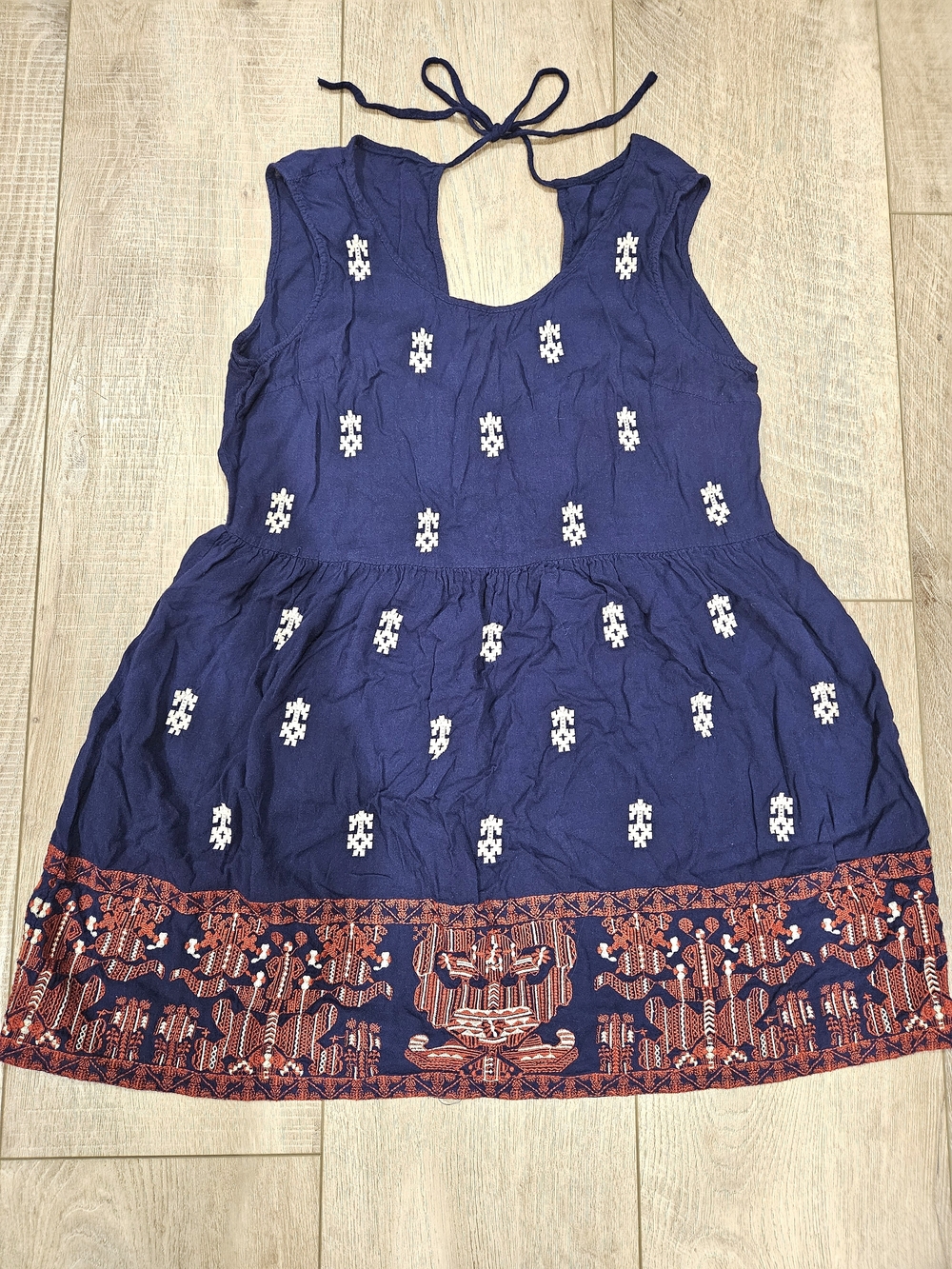 Lucky Brand Vintage Embroidered Boho Babydoll Dress Medium Blue Rayon Women
